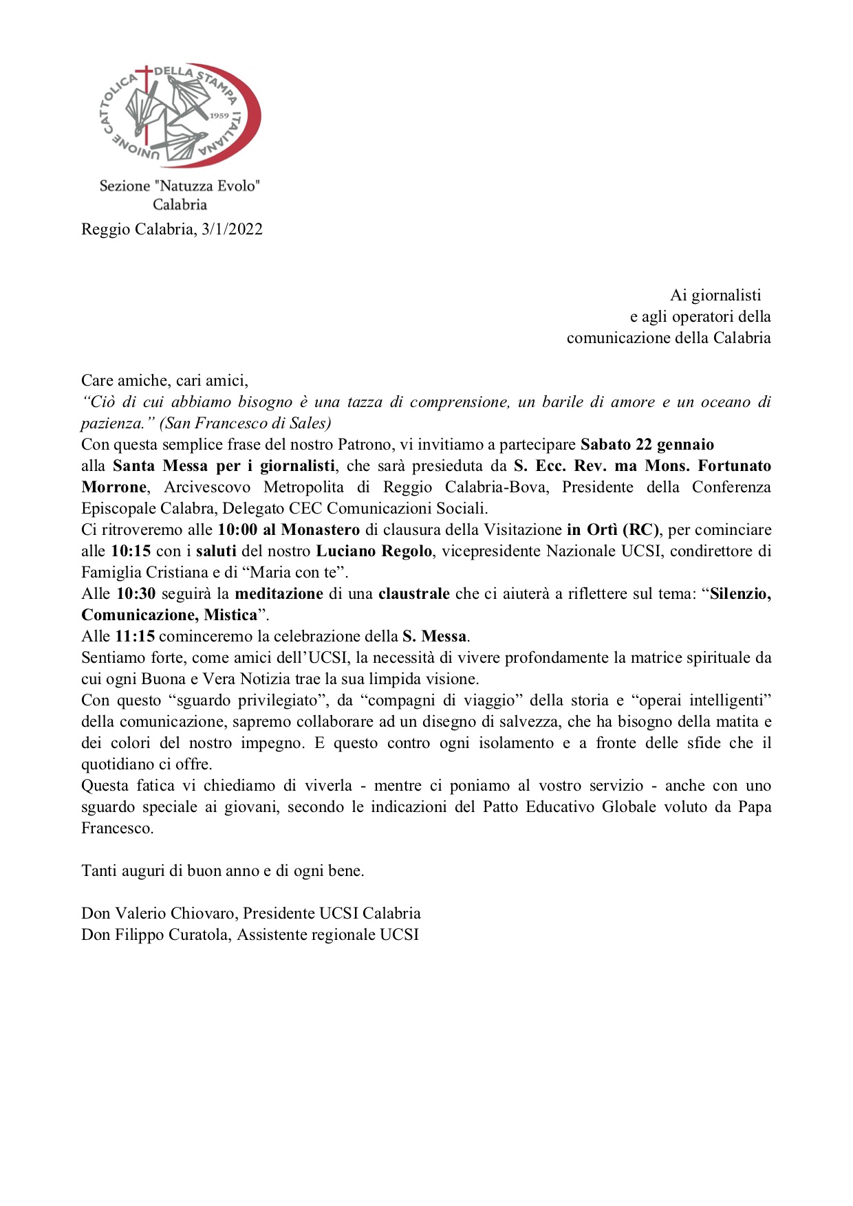 invito messa per i giornalisti