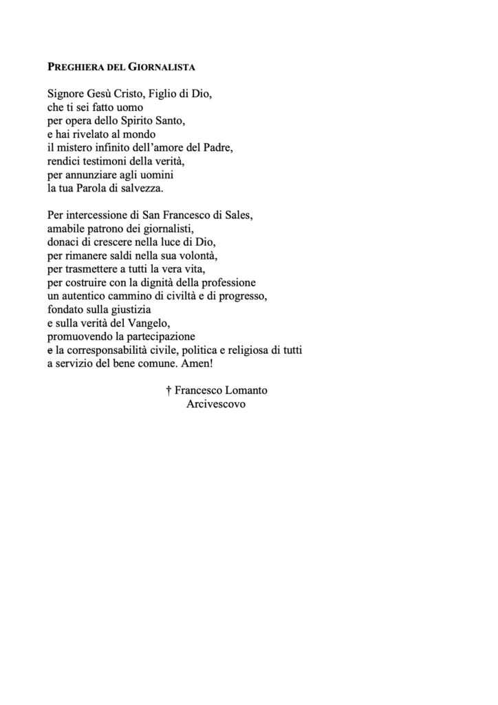Preghiera del giornalista di mons. F. Lomanto